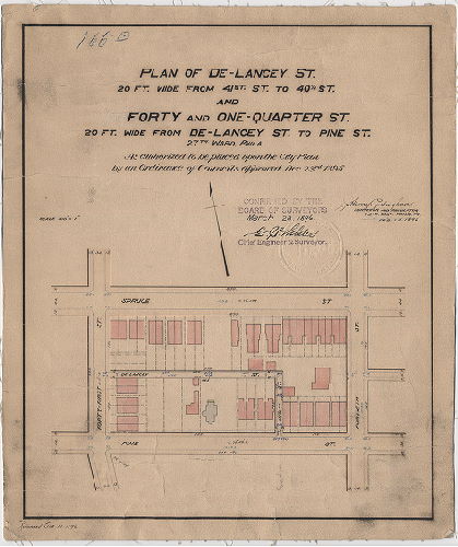 Plan, Plan of De-Lancey [now Delancey] St. 20 ft. wide from 41st St. to 40-1/4 St. and Forty and One-Quarter St. 20 ft. wide from De-Lancey St. to Pine St., 27th Ward, Phila. [Ordinance Dec. 23, 1895; survey returned Feb. 14, 1896; confirmed March 23, 1896]