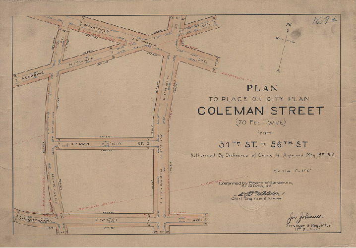 Plan, Plan to place on the City Plan Coleman Street (70 feet wide) from 54th St. to 56th St. [Ordinance May 13, 1913; confirmed Aug. 4, 1913] 
