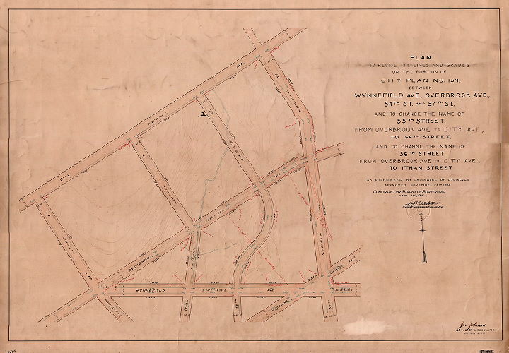 Plan, Plan to revise the lines and grades on the portion of City Plan No. 169 between Wynnefield Ave., Overbrook Ave., 54th St. and 57th St., and to change the name of 55th Street from Overbrook Ave. to City Ave., to 56th Street, and to change the name of 56th Street from Overbrook Ave. to City Ave., to Ithan Street. [Ordinance Nov. 28, 1914; confirmed May 3, 1915]