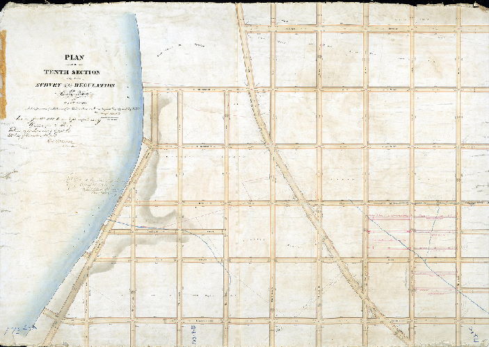 Plan (alternate image), Plan of the Tenth Section of the survey and regulation of the Twenty-first Ward of the City of Philadelphia. [Ordinance Aug. 15, 1855; aproved by Board of Surveyors April 16, 1860; confirmed by Court June 11, 1860]