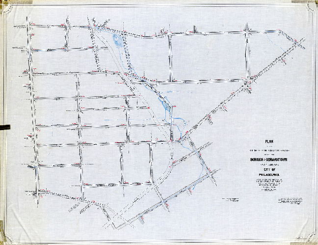 Plan (alternate image), Plan of the Fifth Section of the resurvey and regulation of the late Borough of Germantown, Twenty-second Ward, City of Philadelphia. Resolution April 17, 1856; approved by Board of Surveyors October 21, 1861]