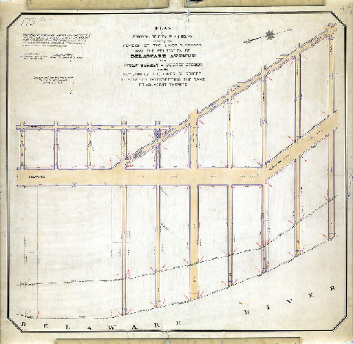 Plan (alternate image), Plan of portion of City Plan No. 179 showing the revision of the lines & grades and the relocation of Delaware Avenue from Wolf Street to Curtin Street and the revision of the lines & grades of streets intersecting the same and adjacent thereto. [Ordinance June 25, 1912; confirmed December 30, 1912]