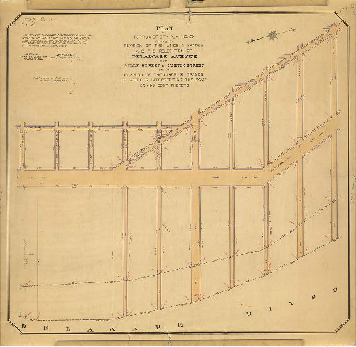 Plan, Plan of portion of City Plan No. 179 showing the revision of the lines & grades and the relocation of Delaware Avenue from Wolf Street to Curtin Street and the revision of the lines & grades of streets intersecting the same and adjacent thereto. [Ordinance June 25, 1912; confirmed December 30, 1912]