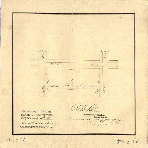 Plan, [No title. Durfor Street between Fourth and Fifth Streets. Ordinances June 22 and 30, 1891; confirmed Sept. 21, 1891]]