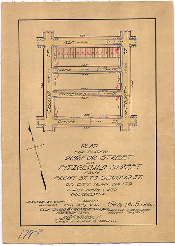 Plan, Plan for placing Durfor Street and Fitzgerald Street from Front Street to Second Street on City Plan No. 179, Thirty-ninth Ward Philadelphia [Ordinance May 9, 1912; confirmed Nov. 18, 1912]