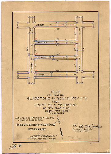 Plan, Plan for placing Gladstone and Roseberry Streets from Front Street to Second Street on City Plan No. 179, Thirty-ninth Ward Philadelphia [Ordinance May 27, 1912; confirmed Dec. 16, 1912]