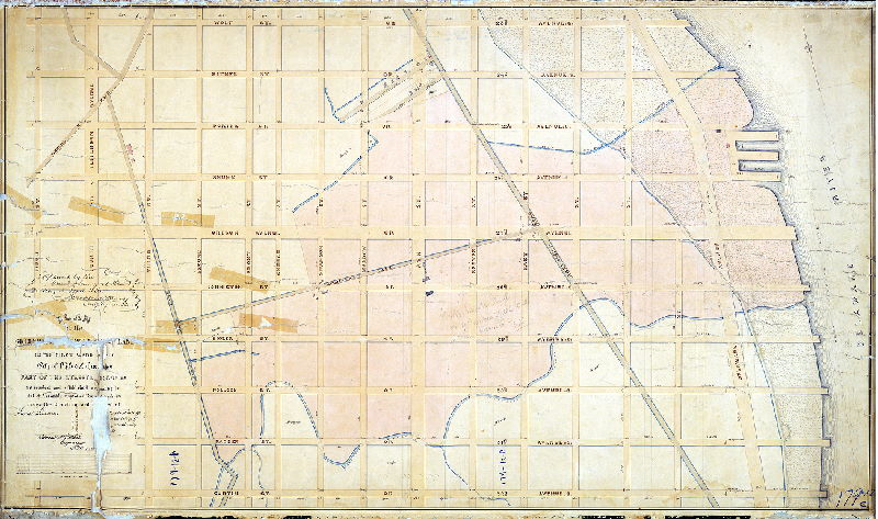 Plan, Plan of the Greenwich Improvement Co.'s land in the First Ward of the City of Philadelphia, also part of the streets, roads, &c. as located and established according to an Act of Assembly approved the 29th March 1851 under the direction and approval of [the commissioners]. [Survey returned Feb. 1861; approved by Board of Surveyors April 22, 1861. Title taken from identical copy of plan, in better condition, located in City Archives]