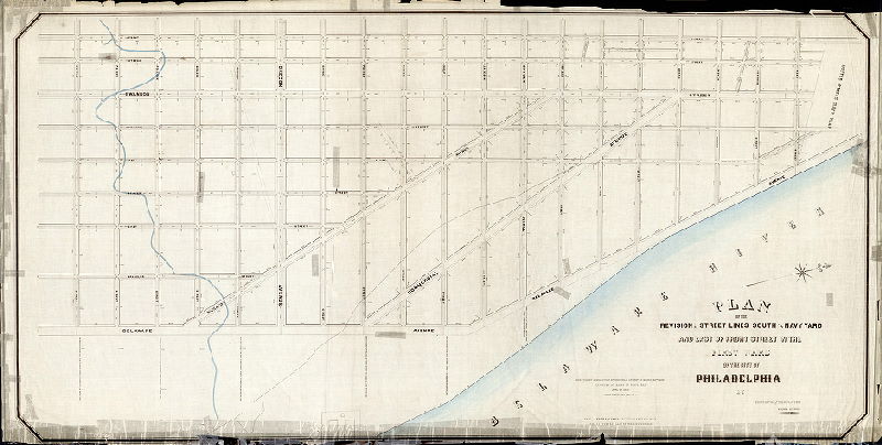 Plan (alternate image), Plan of the revision of streets lines south of the Navy Yard and east of Front Street in the First Ward of the City of Philadelphia [Resolution March 22, 1869; approved by Board of Surveyors June 27, 1870, confirmed by Court May 29, 1871]
