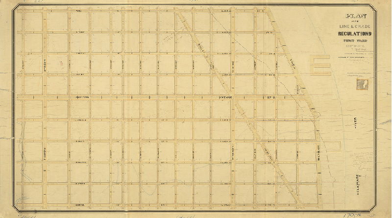 Plan, Plan of the line and grade regulations, First Ward Section No. 5, by Alfred Young [Ordinance Sept. 27, 1861; approved by Board of Surveyors Dec. 27, 1865; confirmed by Court March 29, 1866]
