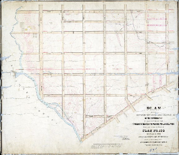 Plan, Plan of the revision of lines and grades with topography of that portion of the Twenty-seventh Ward, Philadelphia embraced within the limits of Plan No. 183 on file in the Department of Surveys. [Resolution March 7, 1882; survey returned May 15, 1883; confirmed March 18, 1895]