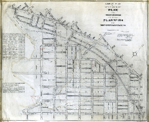 Plan, Compiled plan of City Plan No. 184. Plan of the revision of lines and grades on the streets of Plan No. 184 in the Twenty-seventh Ward Philadelphia [Compiled March 1956, using base plan with topography made by ordinance of March 20, 1888, and confirmed 1894 and 1895]