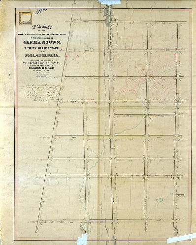 Plan (alternate image), Plan of the Fourth Section of the resurvey and regulation of the late Borough of Germantown, Twenty-second Ward, City of Philadelphia. [Resolution April 1, 1856; approved by Board of Surveyors June 6, 1864; confirmed by Court March 29, 1866]