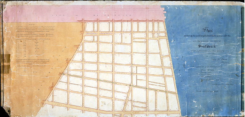 Plan, Plan exhibiting the curb heights watercourses and culverts in the northern section of Southwark [Act of Assembly June 21, 1839; approved by Commissioners Oct. 21, 1840; confirmed by Court Dec. 12, 1840]