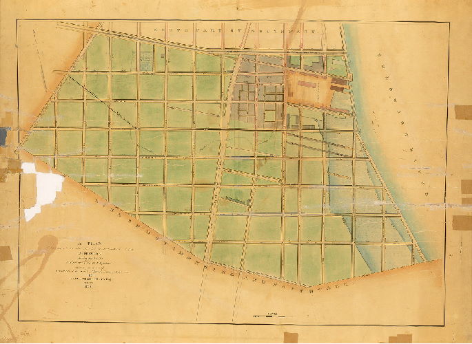 Plan (alternate image), A plan of the streets in the district of Southwark, below Carpenter St., shewing the heights at which the curbs are to be placed . . By J. Edgar Thomason, civ. Engr. Oct. 1834.