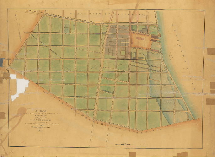 Plan, A plan of the streets in the district of Southwark, below Carpenter St., shewing the heights at which the curbs are to be placed . . By J. Edgar Thomason, civ. Engr. Oct. 1834.