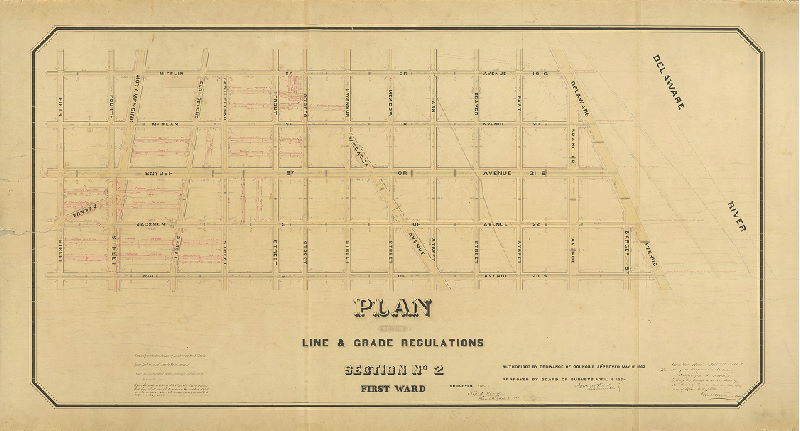 Plan, Plan of the line & grade regulations, Section No. 2, First Ward [Survey returned 1864]