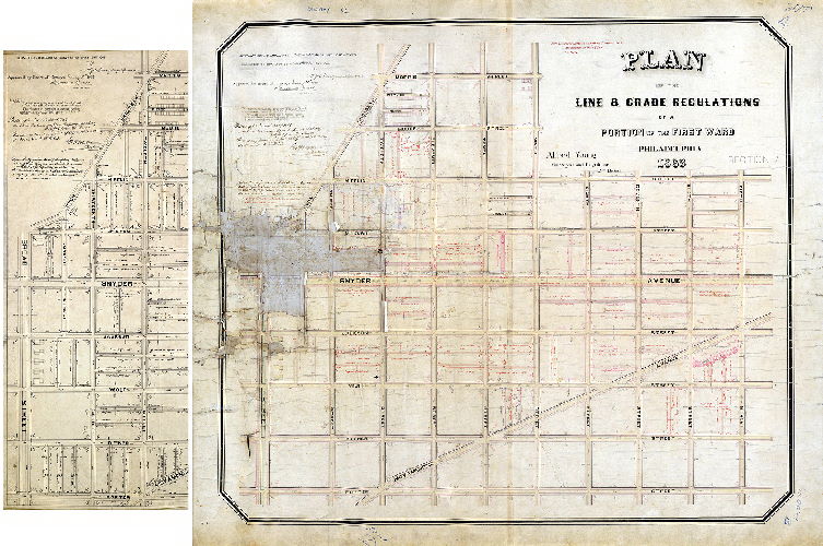 Plan (alternate image), Plan of the line & grade regulations of a portion of the First Ward, Philadelphia, 1863, Section 7 [Ordinance May 10, 1862; survey returned and approved by Board of Surveyors Jan. 25, 1864; confirmed by Court March 22, 1864]