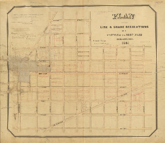 Plan, Plan of the line & grade regulations of a portion of the First Ward, Philadelphia, 1863, Section 7 [Ordinance May 10, 1862; survey returned and approved by Board of Surveyors Jan. 25, 1864; confirmed by Court March 22, 1864]