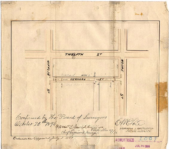 Plan, [No title. Gerhard [Sartain] Street between Moore and Mifflin Sts. Ordinance July 2, 1889, survey returned March 27, 1890; confirmed Oct. 20, 1890]