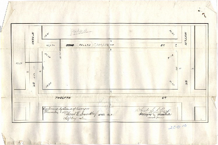 Plan, [No title. Pallas or Palas (now Camac) Street between McKean and Mifflin Sts. Survey returned April 1872; confirmed Dec. 1, 1873]