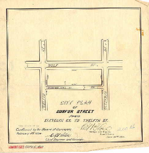 Plan, City Plan of Durfor Street from Eleventh St. to Twelfth St. [Ordinance June 23, 1893; survey returned June 30, 1893; confirmed Feb. 5, 1894]
