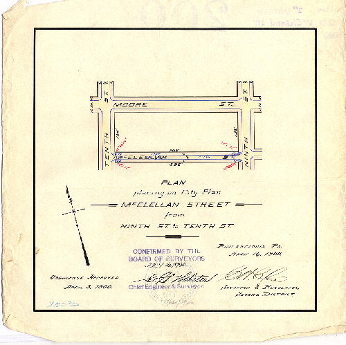 Plan, Plan placing upon the City Plan McClellan Street from Ninth St. to Tenth St. [Ordinance April 3, 1900; survey returned April 16, 1900; confirmed July 16, 1900] 