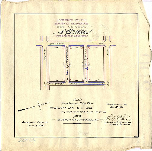 Plan, Plan placing on City Plan Durfor St. and Fitzgerald St. from Seventh St. to Marshall St. [Ordinance June 2, 1898; survey returned Aug. 15, 1898; confirmed Sept. 19, 1898] 