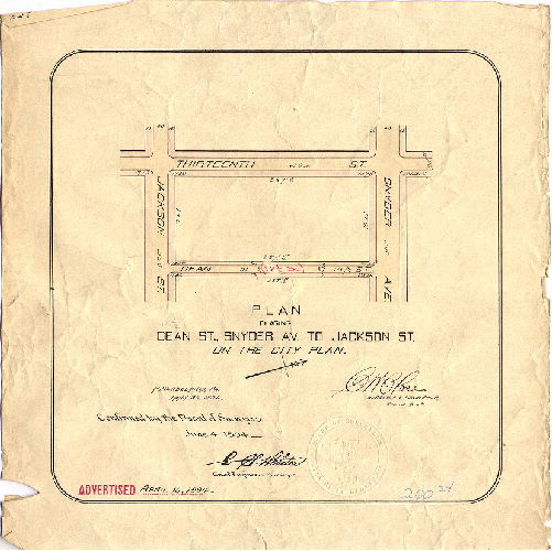 Plan, Plan placing Dean St., Snyder Av. to Jackson St. on the City Plan. [Survey returned Jan. 30, 1894; confirmed June 4,1894] 
