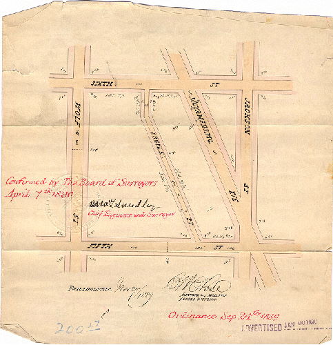 Plan, [No title. Argyle Street, Fifth to Sixth Streets. Ordinance Sept. 24, 1889; survey returned Nov. 27, 1889; confirmed April 7, 1890]