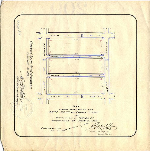 Plan, Plan placing upon the City Plan Reese Street and Fairhill Street from Ritner St. to Porter St. [Ordinance July 9, 1897; survey returned July 19, 1897; confirmed Oct. 18, 1897] 