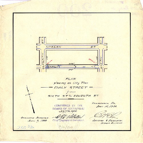 Plan, Plan placing upon the City Plan Emily Street from Sixth St. to Seventh St. [Ordinance April 3, 1900; survey returned April 14, 1900; confirmed July 16, 1900] 