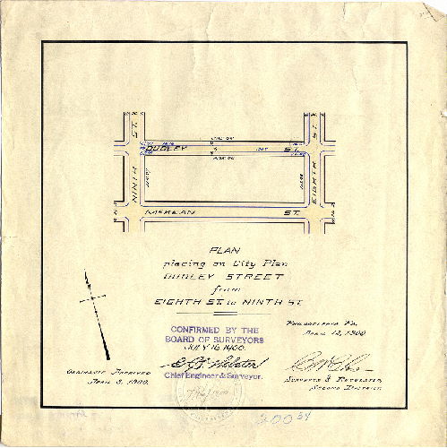 Plan, Plan placing on City Plan Dudley Street from Eighth St. to Ninth St. [Ordinance April 3, 1900; survey returned April 12, 1900; confirmed July 16, 1900] 