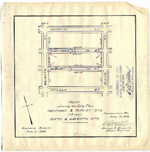 Plan, Plan placing on City Plan Hoffman & Dudley Sts. between Sixth & Seventh Sts. [Ordinance April 3, 1900; survey returned April 10, 1900; confirmed July 16, 1900] 