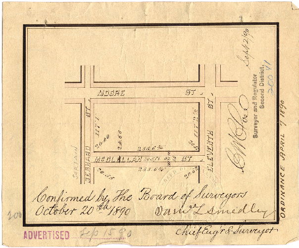 Plan, No title. McClellan Street , Eleventh to Gerhard (Sartain) Sts. [Ordinance April 7, 1890; survey returned Sept. 2, 1890; confirmed Oct. 20, 1890]