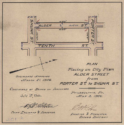 Plan, Plan for placing on City Plan Alder Street from Porter St. to Shunk St. [Ordinance March 21, 1906; survey returned May 3, 1906; confirmed July 2, 1906]