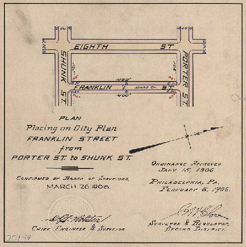 Plan, Plan for placing on City Plan Franklin Street from Porter St. to Shunk St. [Ordinance Jan. 15, 1906; survey returned Feb. 6, 1906; confirmed March 26, 1906]