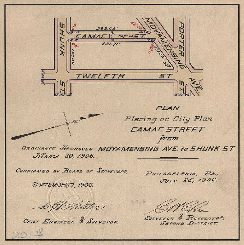 Plan, Plan for placing on City Plan Camac Street from Moyamensing Ave. to Shunk St. [Ordinance March 30, 1906; survey returned July 25, 1906; confirmed Sept. 17, 1906]