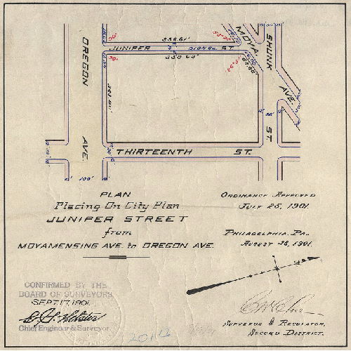 Plan, Plan placing on City Plan Watts Street from Moyamensing Ave. to Oregon Ave. [Ordinance July 25, 1901; survey returned Aug. 28., 1901; confirmed Sept. 17, 1901]