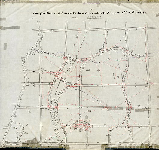 Plan (alternate image), Plan of the revision of lines and grades, Tenth Section of the Twenty-second Ward, Philadelphia. Copy. [Ordinance June 12, 1882; confirmed April 19, 1886]
