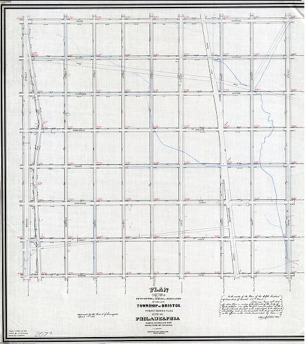 Plan (alternate image), Plan of the Fifth Section of survey and regulation of the late Township of Bristol, Twenty-second Ward, City of Philadelphia. [Approved by Board of Surveyors April 1, 1867; confirmed by Court June 28, 1869]