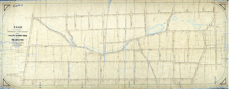 Plan (alternate image), Plan of the Twelfth Section of the survey and regulation of the Twenty-second Ward, City of Philadelphia, made under the direction of the Department of Surveys and in accordance with resolution of Councils of June 6th, 1864. [Approved by Board of Surveyors, May 20, 1867]