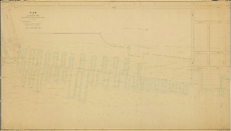 Plan, Plan of the Delaware River front from Cumberland to Ann Street showing the wharfing in connection with the different properties and ownership of the same, surveyed 1866-67 [Act of Assembly May 20, 1864; ordinance Nov. 12, 1864]