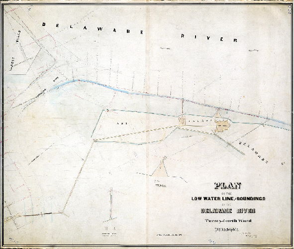 Plan (alternate image), Plan of the low water line and soundings of the Delaware River, 24th Ward, Philadelphia
