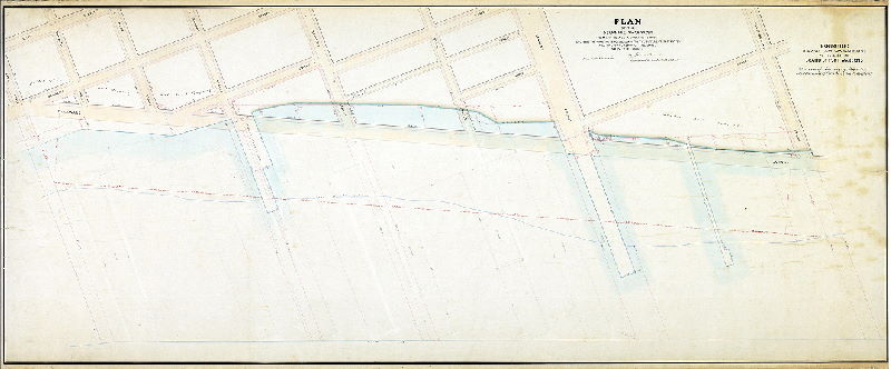 Plan (alternate image), Plan of the Delaware River front, Ann to Westmoreland showing the wharfing in connection with the different properties and ownership of the same, surveyed 1866-67 [Act of Assembly May 20, 1864; ordinance Nov. 12, 1864]
