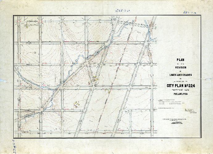 Plan (alternate image), Plan of the revision of lines and grades on a portion of City Plan No. 224, Thirty-third Ward, Philadelphia. [Ordinances 1884 to 1895; survey returned and confirmed, March 21, 1910]