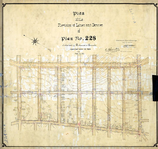 Plan, Plan of the revision of lines and grades of Plan No. 228 [Ordinances March 30, 1908 and Feb. 15, 1911; survey returned Oct. 1911; confirmed Jan. 15, 1912]