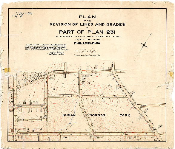 Plan, Plan of the revision of lines and grades of part of Plan 231 as authorized by ordinance of Councils approved April 4th, 1902. Twenty-first Ward, Philadelphia. [Confirmed Oct. 20, 1902] Shows Susan Gorgas Park]