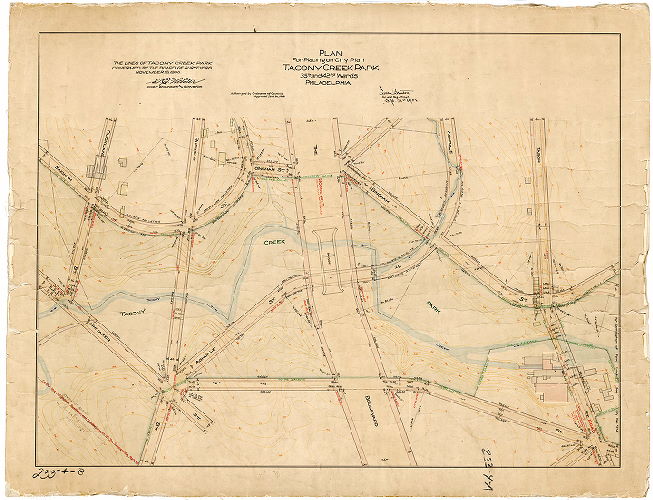 Plan, Plan for placing on City Plan Tacony Creek Park, 35th and 42nd Wards, Philadelphia. [Ordinance June 20, 1908; survey returned Sept. 21, 1908; confirmed Nov. 16, 1908]
