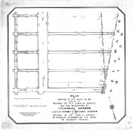 Plan, Plan of portion of City Plan No. 235 showing the revision of the lines & grades and the relocation of Delaware Avenue from Curtin Street to Pattison Avenue and the revision of the lines & grades of streets intersecting the same and adjacent thereto. [Ordinance June 25, 1912; no confirmation date]