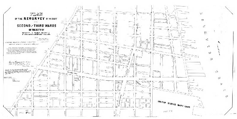 Plan, Plan of the re-survey of part of the Second and Third Wards of the City of Philadelphia [Resolution March 24, 1866; approved by Board of Surveyors Oct. 17, 1870; confirmed by Court Feb. 15, 1871]